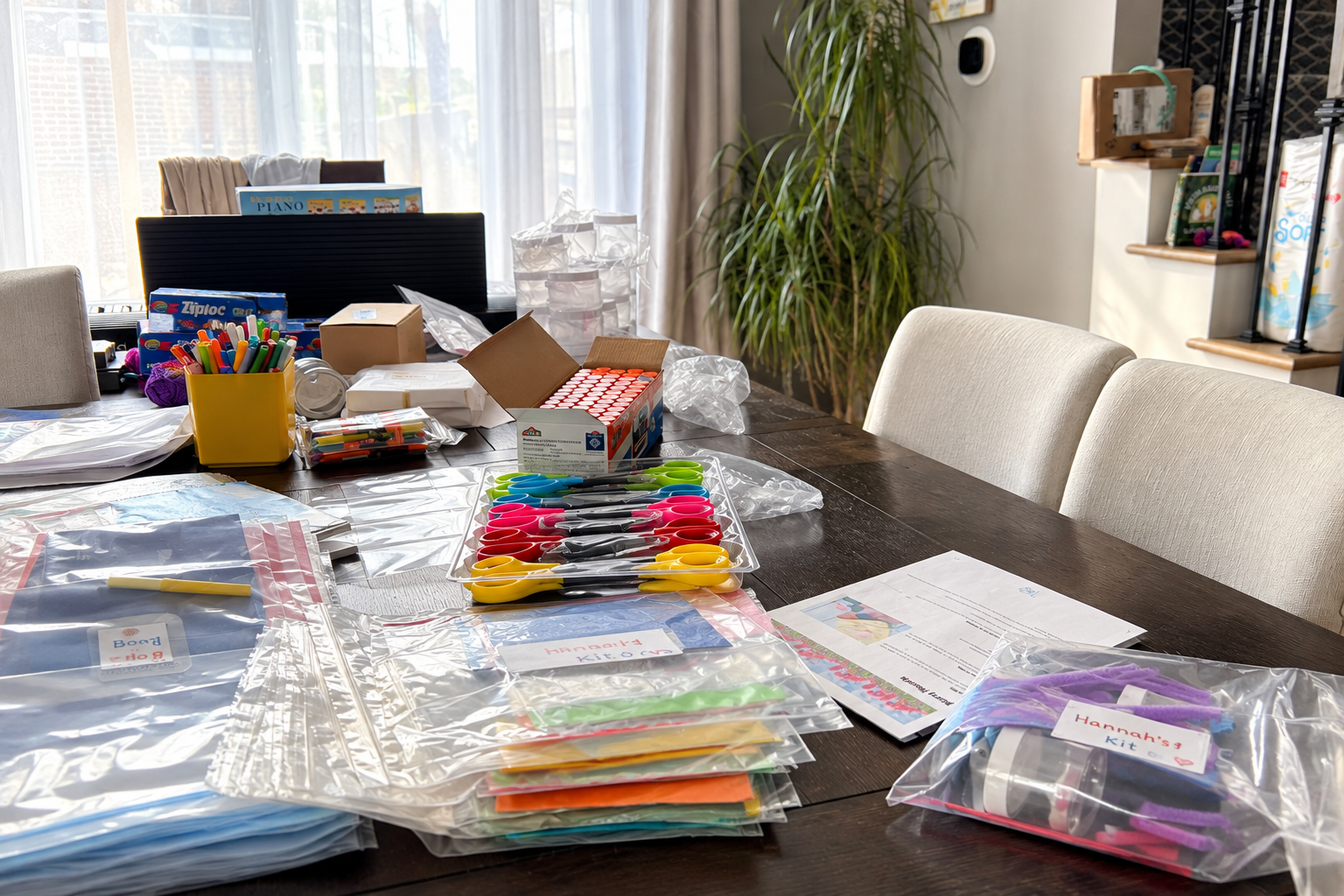 Colourful craft supplies including yarn, beads, and paper